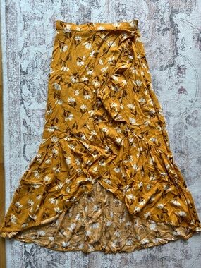 Mustard Floral High-Low Wrap Skirt by